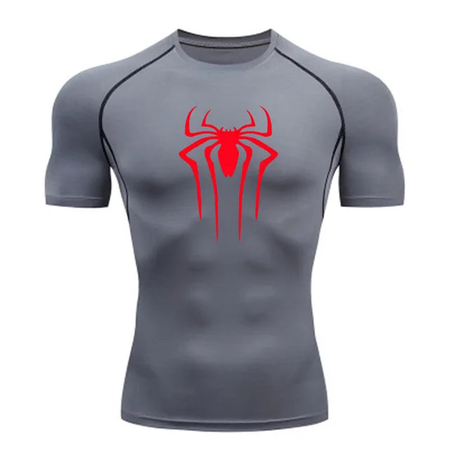 Unisex superhero compression gym shirt in grey streetwear fitness sport style lifestyle pose at TeenStylo