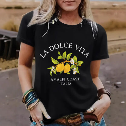 Lifestyle shot of LA DOLCE VITA Lemon T-shirt in Flower Black unisex streetwear style | TeenStylo