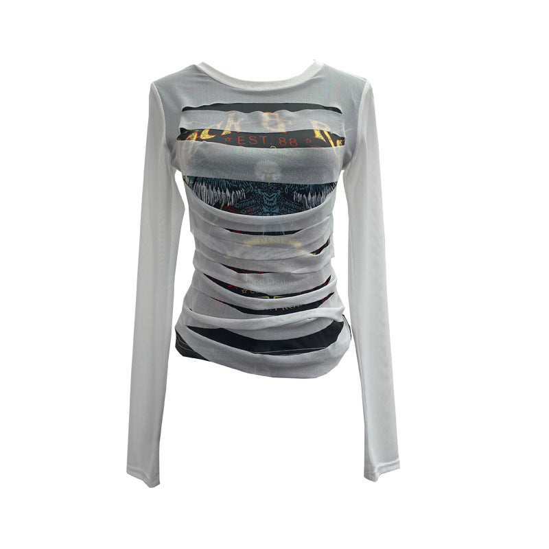 White printed long sleeve T-shirt top for women, front view - Y2K streetwear fashion | TeenStylo