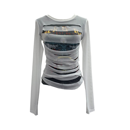 White printed long sleeve T-shirt top for women, front view - Y2K streetwear fashion | TeenStylo