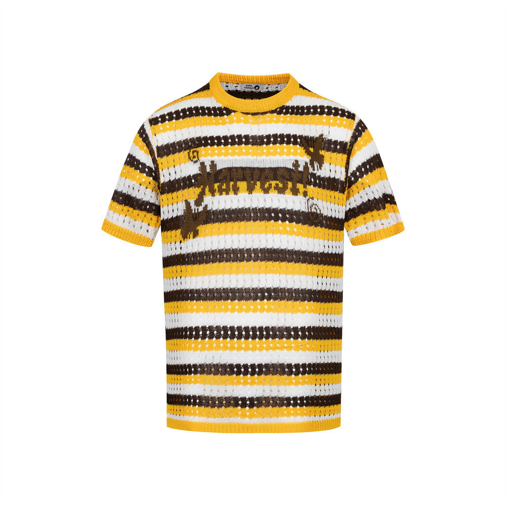 Yellow color block striped crochet hollow knit short sleeve top for men - TeenStylo