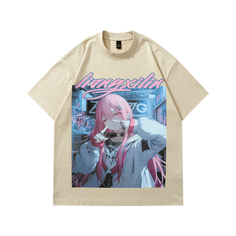 Men's sand color cartoon print loose short sleeve couple tee lifestyle shot TeenStylo