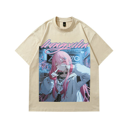 Men's sand color cartoon print loose short sleeve couple tee lifestyle shot TeenStylo
