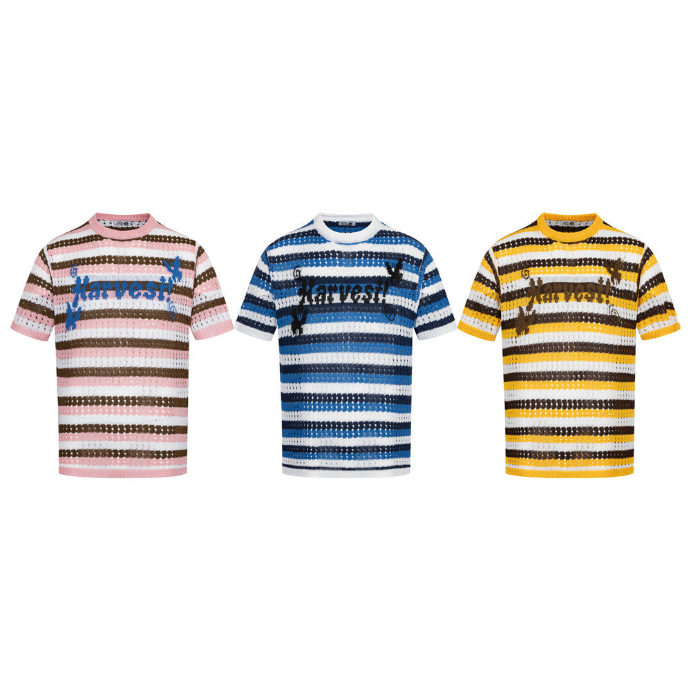 Yellow color block striped crochet hollow knit short sleeve top back view for men at TeenStylo
