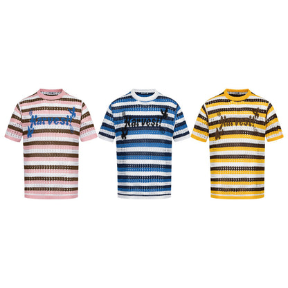Yellow color block striped crochet hollow knit short sleeve top back view for men at TeenStylo
