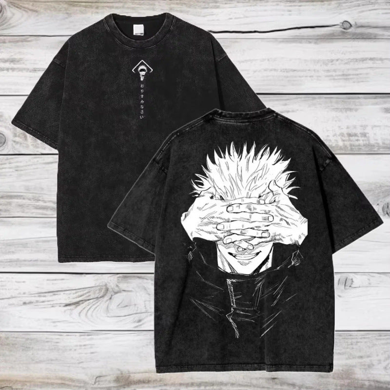 Unisex vintage washed anime print cotton T-shirt lifestyle shot in color 3 - Y2K streetwear style | TeenStylo