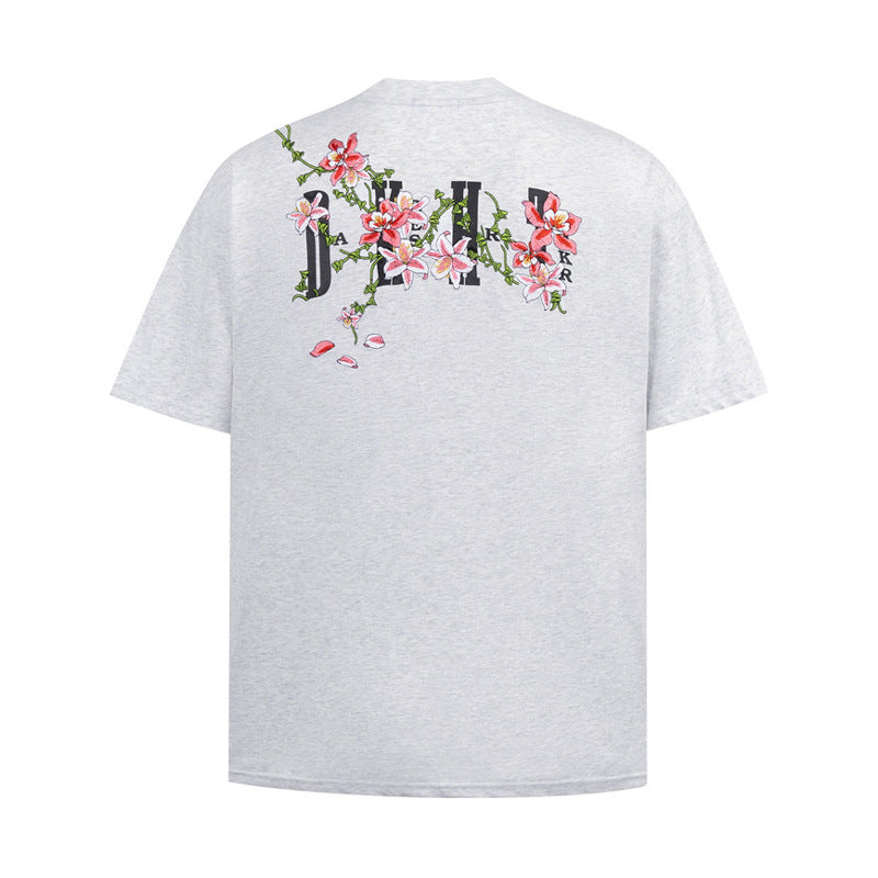 Snowflake gray vine flower embroidery letter short sleeve t-shirt front view, Y2K streetwear style | TeenStylo