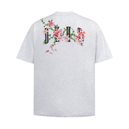 Snowflake gray vine flower embroidery letter short sleeve t-shirt front view, Y2K streetwear style | TeenStylo