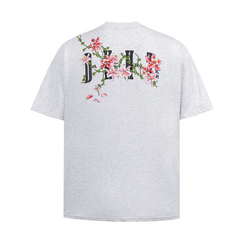 Snowflake gray vine flower embroidery letter short sleeve t-shirt front view, Y2K streetwear style | TeenStylo