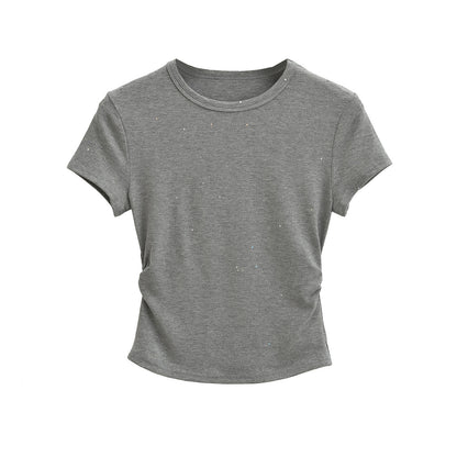 Dark grey women's hot stamping T-shirt styled in a casual streetwear lifestyle look | TeenStylo