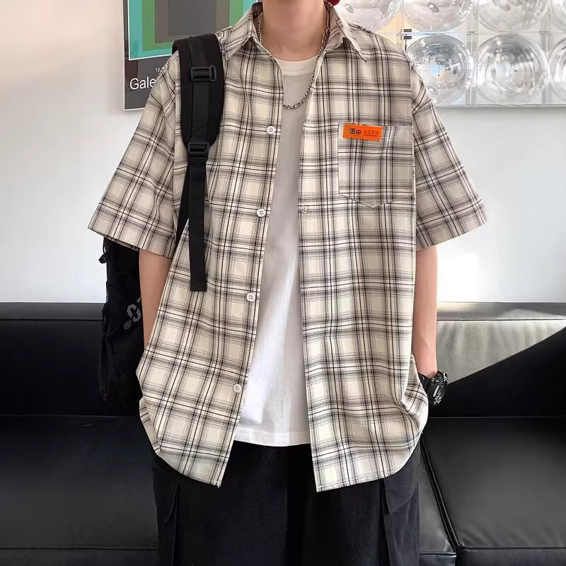 Apricot checkered short sleeve shirt for men lifestyle shot streetwear style TeenStylo