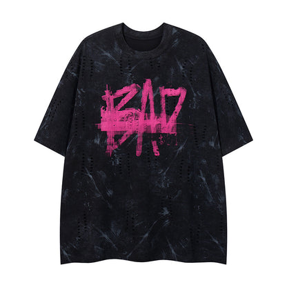 Black unisex distressed letter print short sleeve tee front view - Y2K streetwear style | TeenStylo
