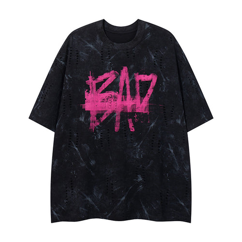 Black unisex distressed letter print short sleeve tee front view - Y2K streetwear style | TeenStylo