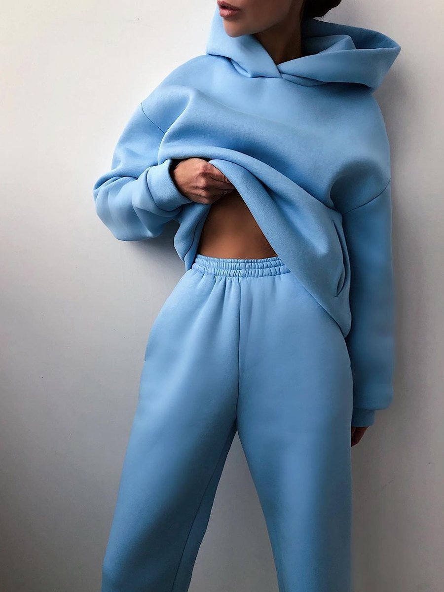 Blue women's plus fleece tracksuit two-piece sweatshirt set lifestyle shot - Y2K streetwear style at TeenStylo