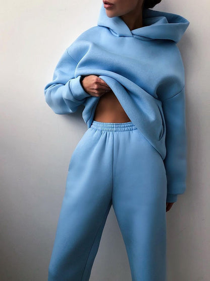 Blue women's plus fleece tracksuit two-piece sweatshirt set lifestyle shot - Y2K streetwear style at TeenStylo