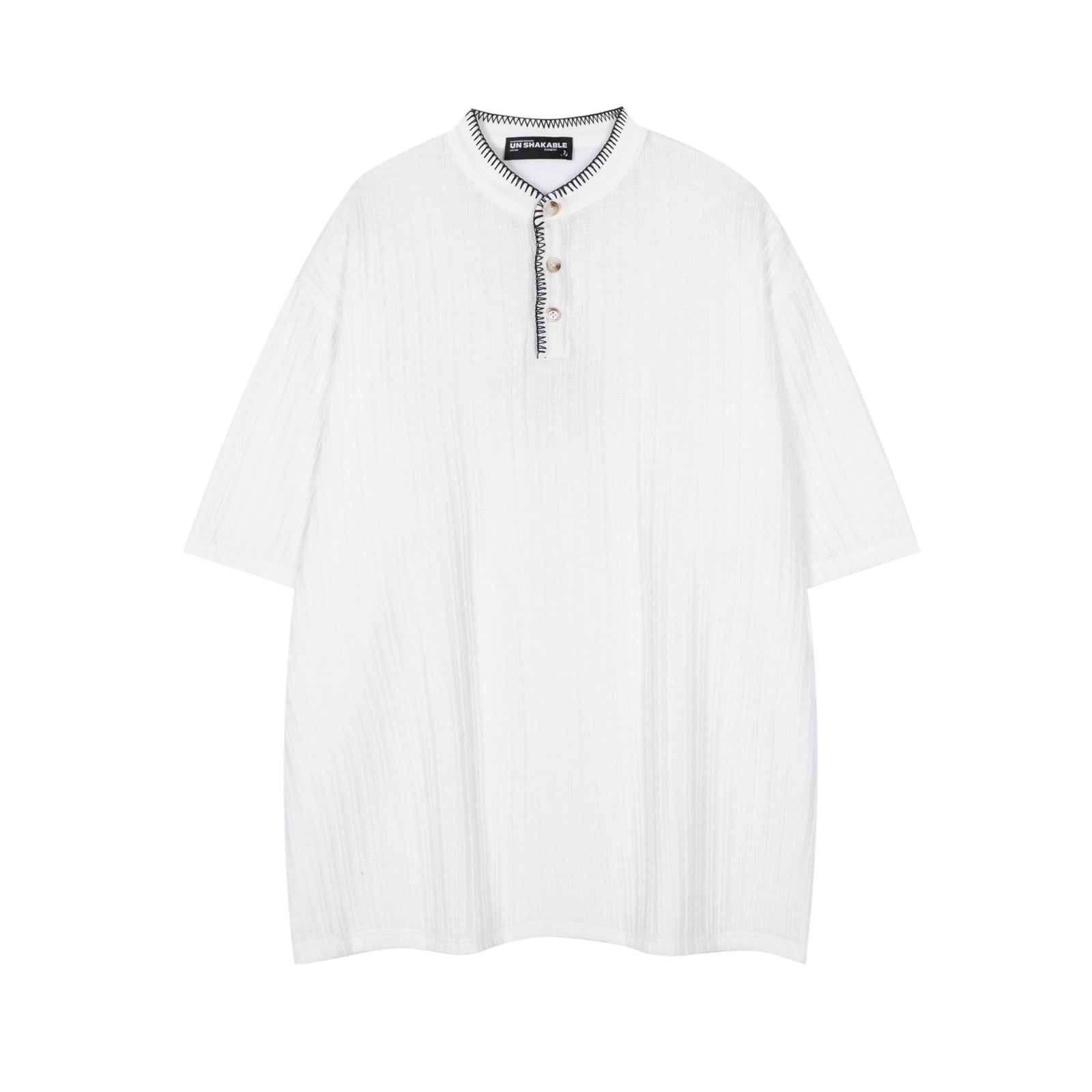 White textured henley collar men's short sleeve T-shirt back view streetwear style TeenStylo