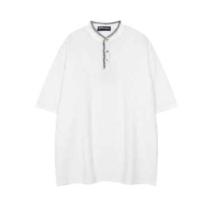 White textured henley collar men's short sleeve T-shirt back view streetwear style TeenStylo