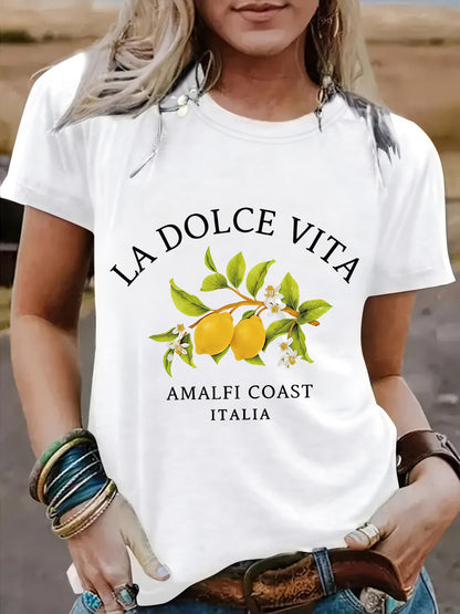White LA DOLCE VITA Lemon graphic t-shirt lifestyle shot, Y2K streetwear style, unisex fashion at TeenStylo