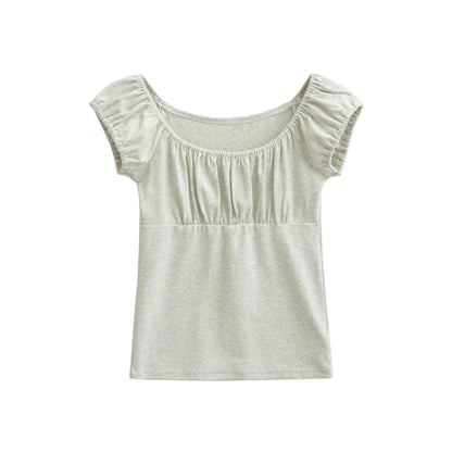 Light gray slim fit short sleeve women's T-shirt lifestyle look – Y2K streetwear style at TeenStylo