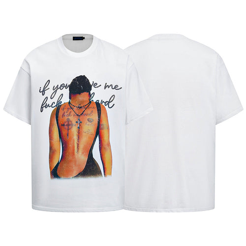 Unisex portrait print loose half sleeve t-shirt in colour 5218 streetwear style front view TeenStylo