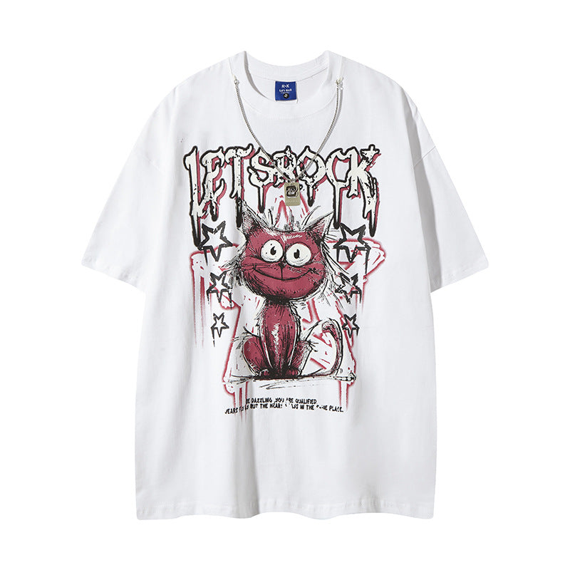 White men's streetwear cartoon cat graffiti letter t-shirt front view | TeenStylo