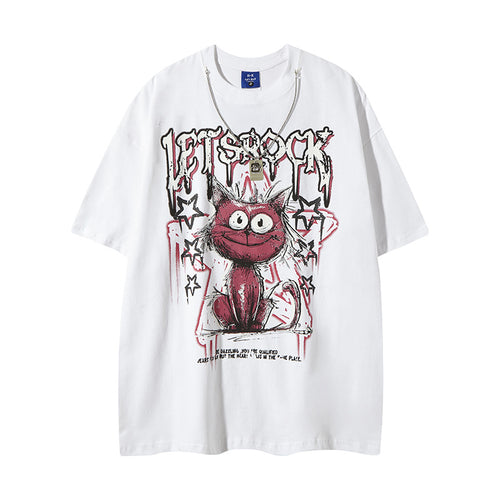 White men's streetwear cartoon cat graffiti letter t-shirt front view | TeenStylo