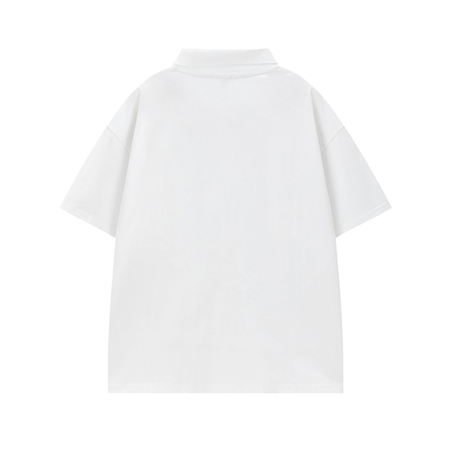 Close-up detail of white cartoon graffiti print on turn-down collar short, bold streetwear design | TeenStylo