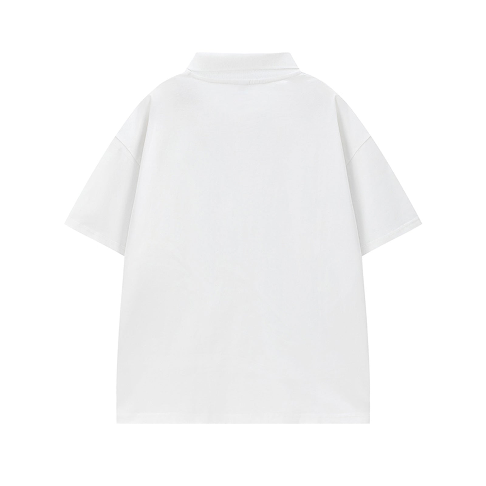Close-up detail of white cartoon graffiti print on turn-down collar short, bold streetwear design | TeenStylo