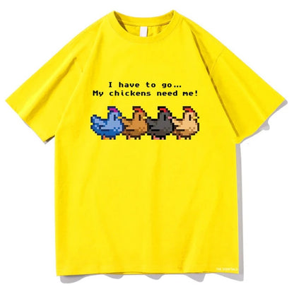 Yellow Stardew Valley I Have To Go My Chickens Need Me men's graphic tee lifestyle shot TeenStylo