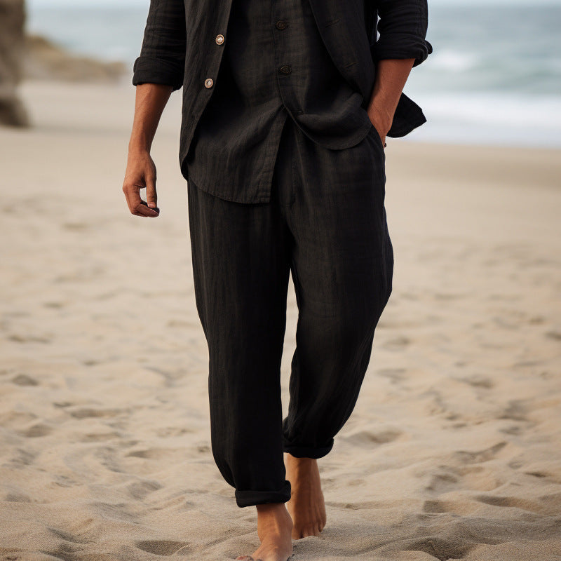 Black casual men's loose shirt two-piece set detail close-up, streetwear style | TeenStylo
