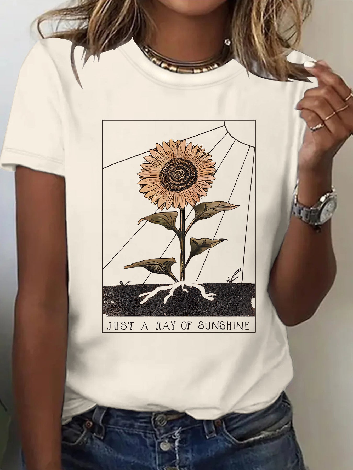 Apricot sunflower print short sleeve T-shirt unisex Y2K streetwear lifestyle style TeenStylo
