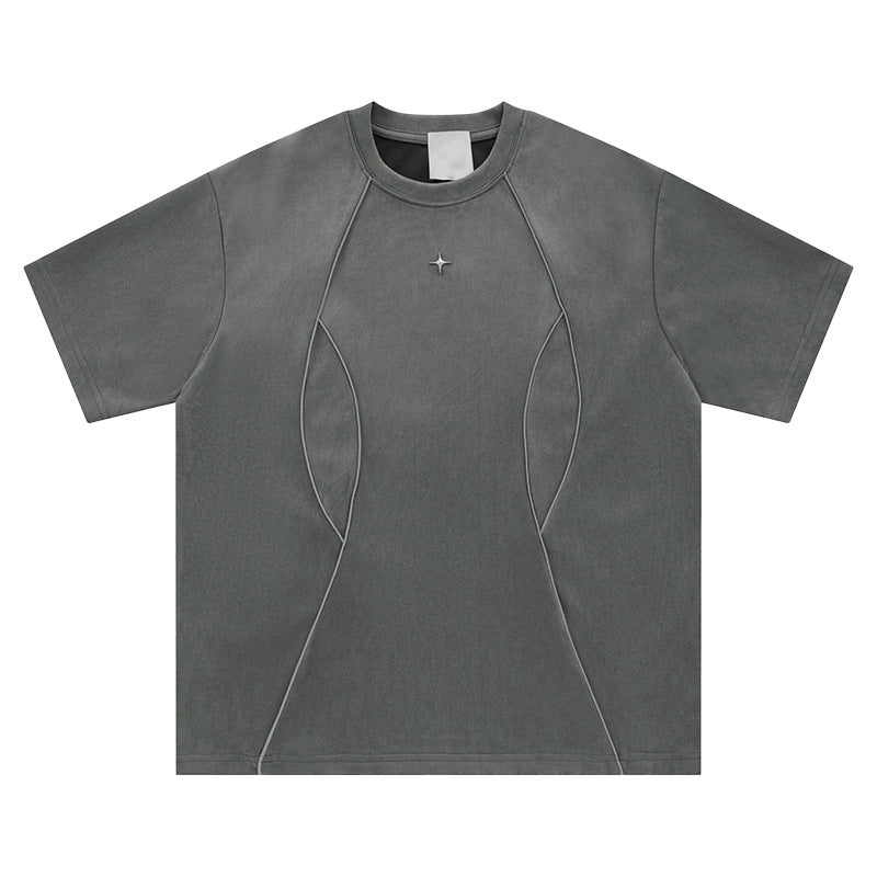 Gray Blockcore men's short sleeve tee lifestyle shot, streetwear aesthetic Y2K style at TeenStylo