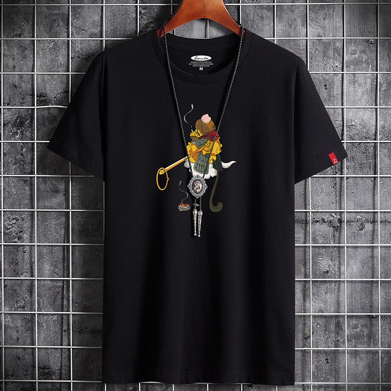 Close-up detail of white anime graphic print on men's summer fashion T-shirt streetwear style - TeenStylo