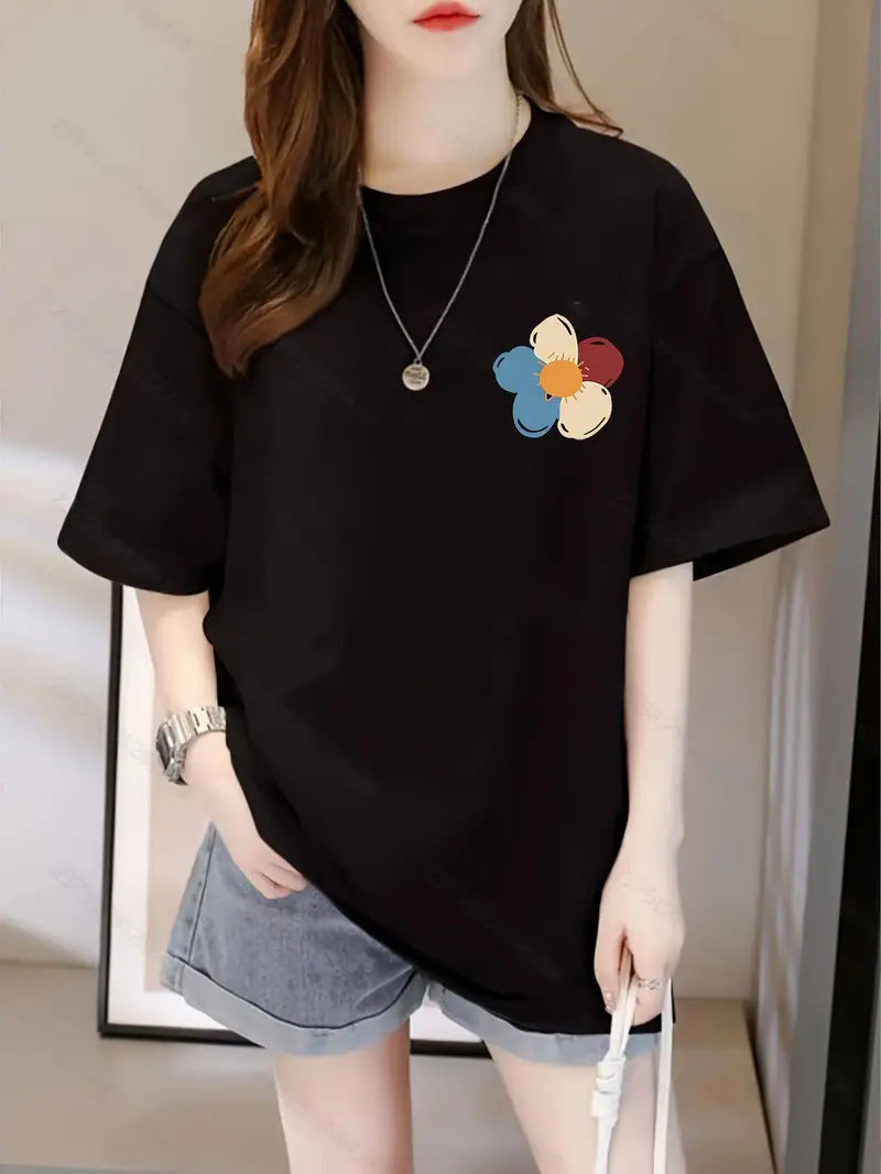 Unisex printed short sleeve t-shirt in B5 lifestyle shot, Y2K streetwear style for women at TeenStylo