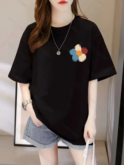 Unisex printed short sleeve t-shirt in B5 lifestyle shot, Y2K streetwear style for women at TeenStylo