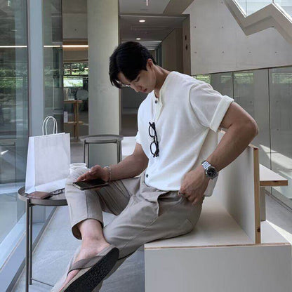 Gray ice silk knitted short sleeve T-shirt back view, lightweight summer streetwear for men | TeenStylo