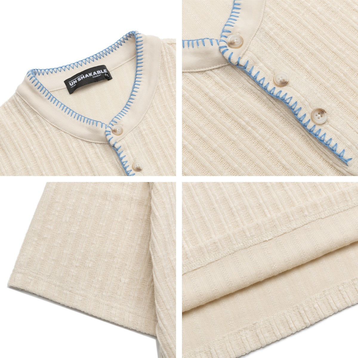 Man wearing apricot textured henley collar short sleeve t-shirt in casual streetwear style | TeenStylo