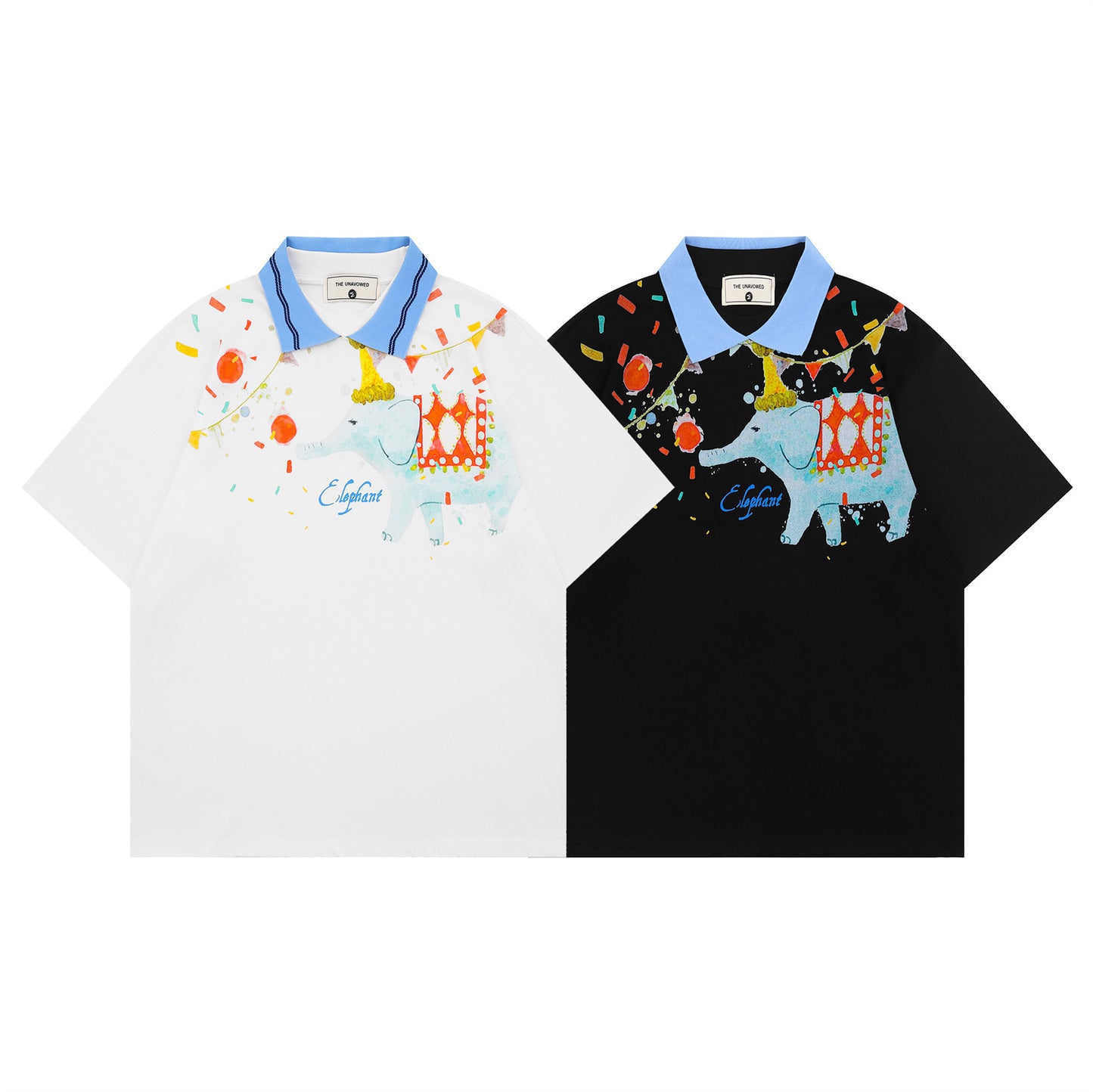 White color-block elephant print unisex shirt with turn-down collar lifestyle shot | TeenStylo