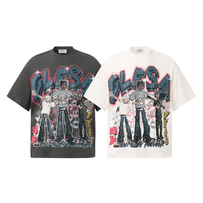 White unisex retro anime print short sleeve t-shirt lifestyle look, Y2K Harajuku streetwear style at TeenStylo