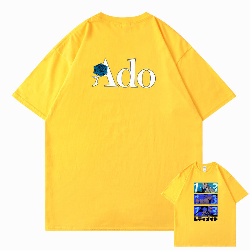 Blue black text detail of Ado Fans cute funny graphic cotton tee unisex streetwear TeenStylo