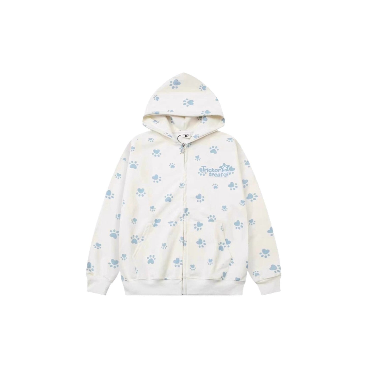 Apricot lightweight unisex camo dog paw print hooded zip-up sweatshirt jacket front view | TeenStylo
