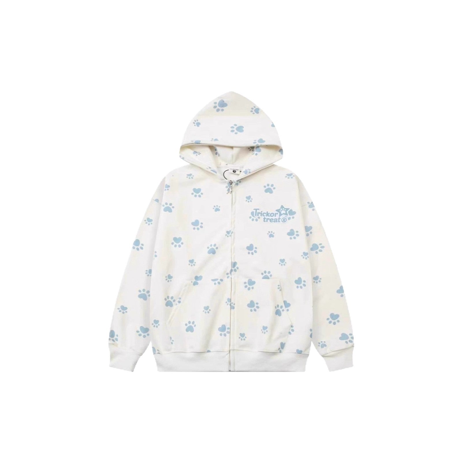 Apricot lightweight unisex camo dog paw print hooded zip-up sweatshirt jacket front view | TeenStylo