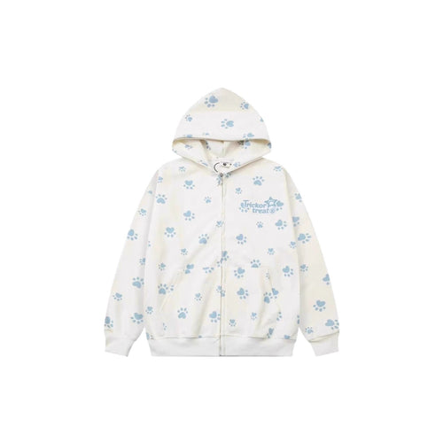 Apricot lightweight unisex camo dog paw print hooded zip-up sweatshirt jacket front view | TeenStylo