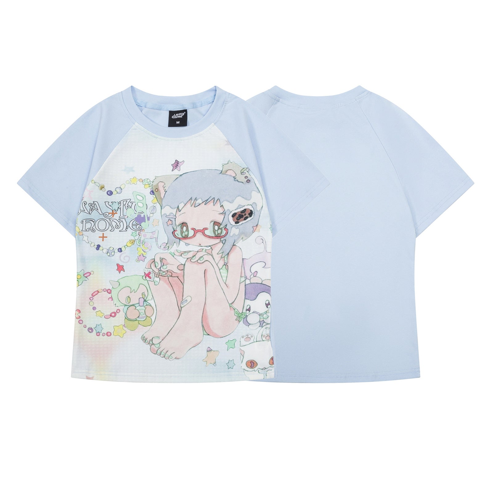 Blue women's round neck T-shirt fabric detail close-up, short sleeves, Y2K streetwear style | TeenStylo