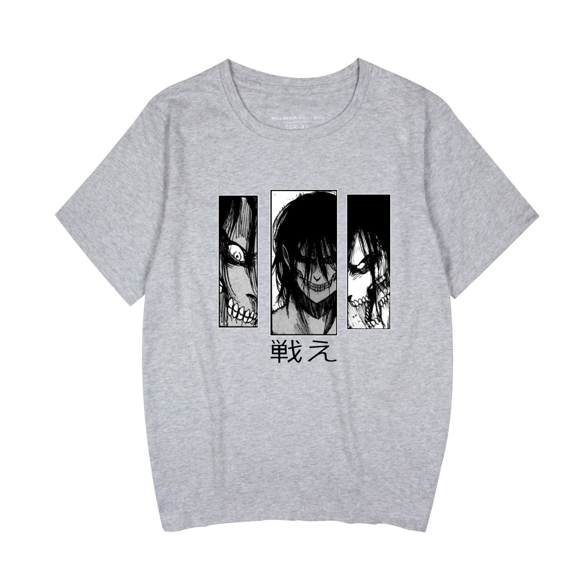 Grey Attack on Titan graphic print detail close-up on unisex anime T-shirt | TeenStylo