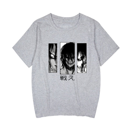 Grey Attack on Titan graphic print detail close-up on unisex anime T-shirt | TeenStylo
