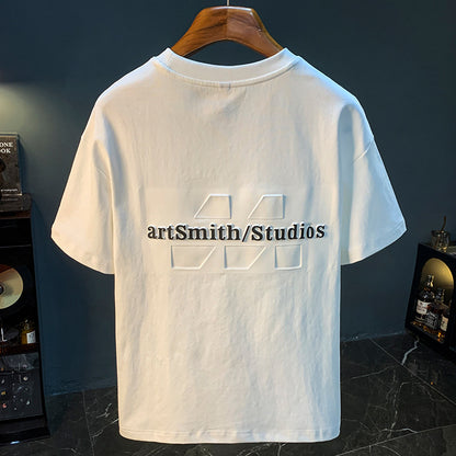 Men's white 3D embossed print short sleeve T-shirt streetwear fashion lifestyle look | TeenStylo