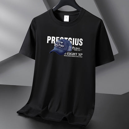 Man wearing black short sleeve cotton crewneck t-shirt in urban streetwear style | TeenStylo