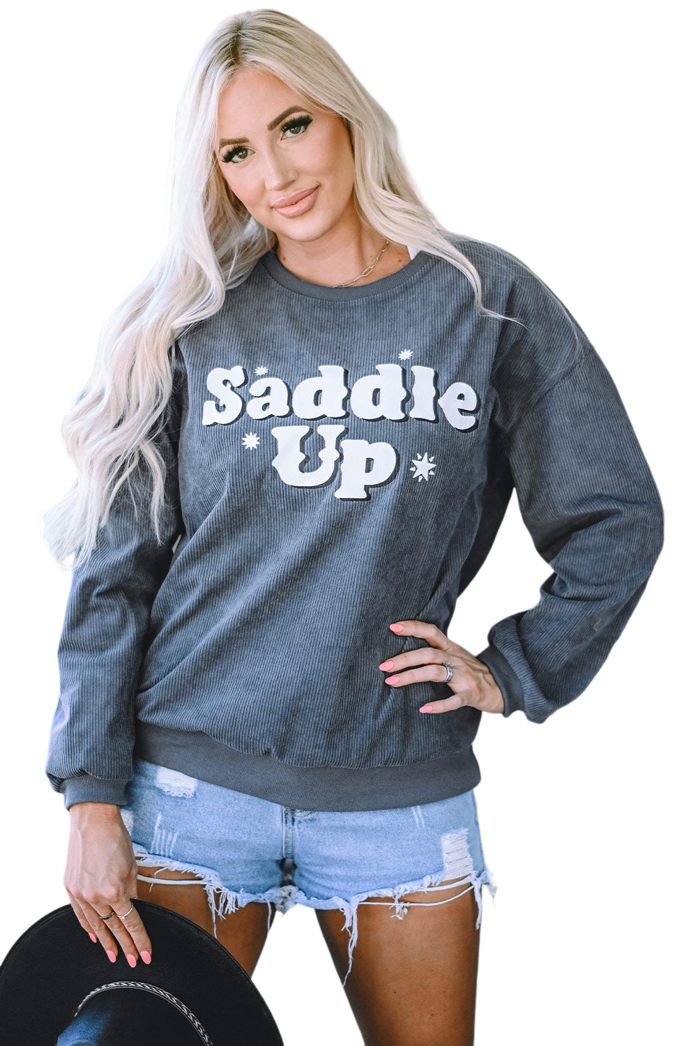 Gray unisex saddle up corded graphic sweatshirt with bold streetwear print, lifestyle shot - TeenStylo