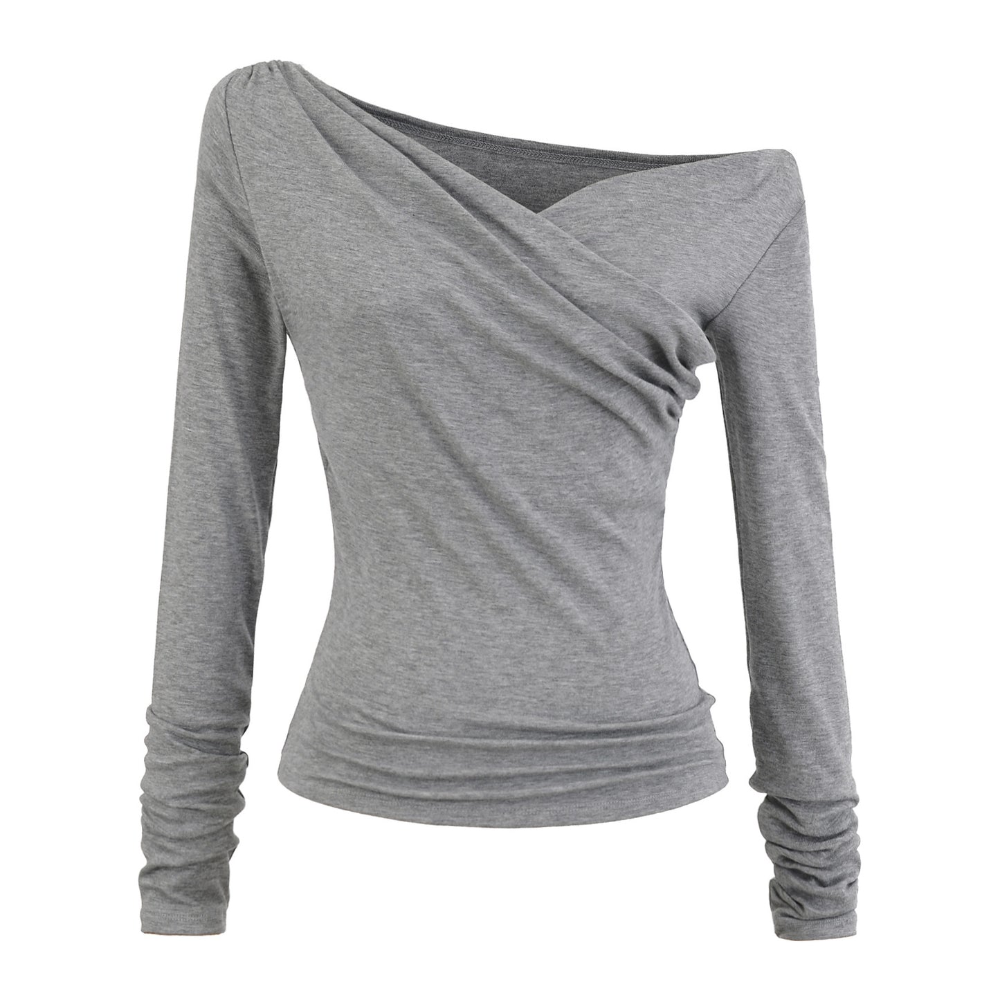 Woman wearing floral gray diagonal collar long sleeve T-shirt in streetwear lifestyle setting | TeenStylo